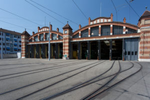 Garage, streetcar, track, gate, lines Garage, streetcar, track, gate, lines